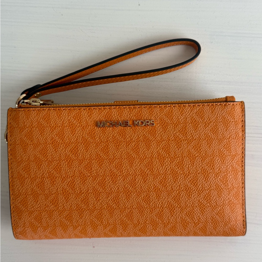 Michael Kors Orange Leather Zip Wristlet with Gold Logo